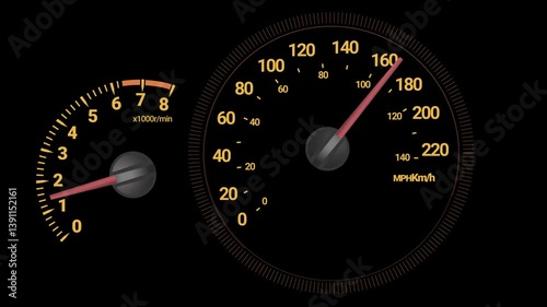 4K 3840x2160 car speedometer & tachometer animation, showcasing smooth car acceleration on a sleek dashboard. Perfect for automotive visuals and dynamic motion graphics