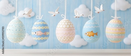 Floating watercolor-style Easter eggs with subtle Christian symbols like fish and doves, on a gentle sky-blue background with clouds