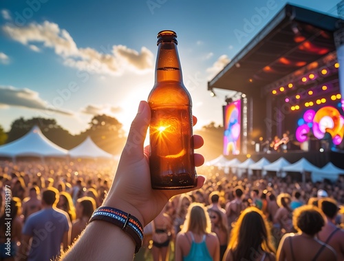 Outdoor concert festival at sunset with audience watching live music on stage, beer glass raised in the air, capturing the spirit of summer fun, celebration, and live events


 photo
