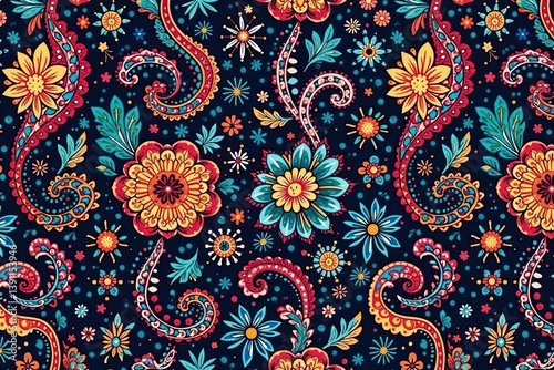 Intricate paisley pattern flows seamlessly, creating a continuous design , ornamental, textile