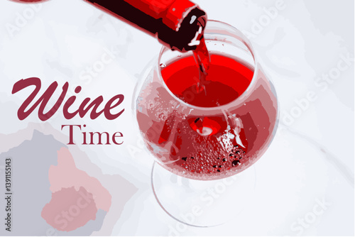 赤ワインのグラスのベクター素材で、ゆっくりワインを楽しむワイン・タイムWine Timeのイメージ
