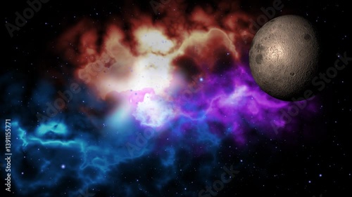 3d space animation with colorful nebulae and moon. Background for science content and meditation music.