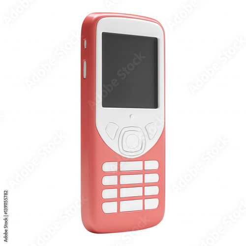 3D icon of a red feature phone with a small screen and white keypad, isolated on transparent background, symbolizing simple mobile communication. photo