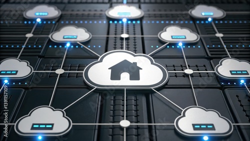 Data Lake Data Lakehouse Data Warehouse Cloud Computing Network Cloud technology concept with interconnected nodes and home symbol in a digital network.