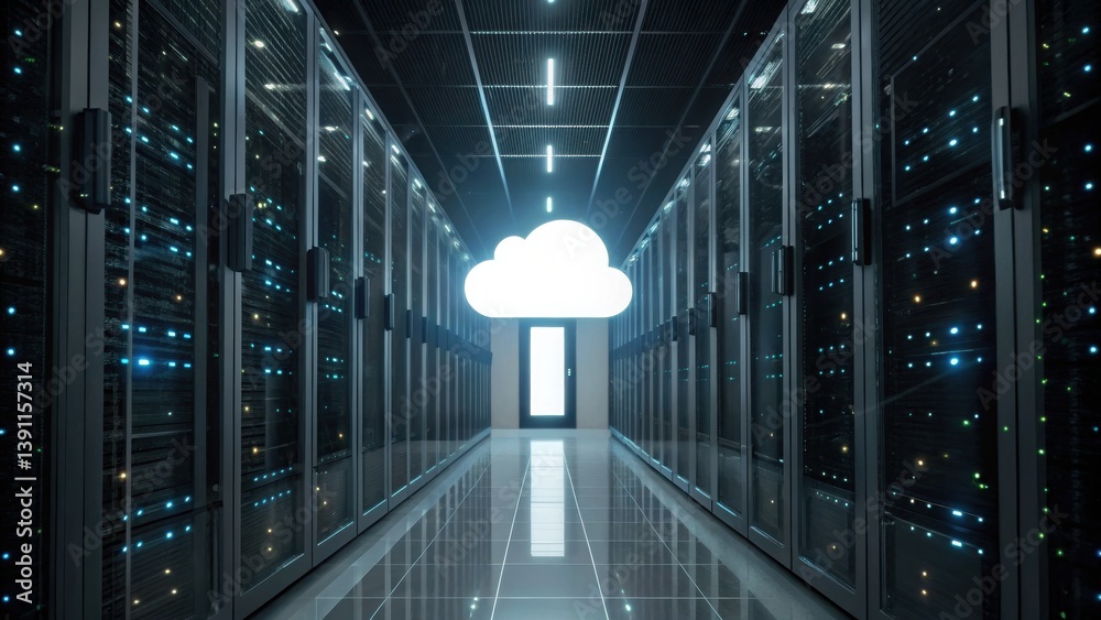 Naklejka premium Data Lake Data Lakehouse Data Warehouse Cloud Computing Network High-tech server room with cloud symbol, showcasing modern data storage and technology.