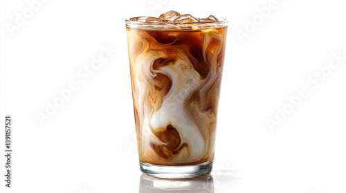 Glass of iced coffee with milk swirl on clean white background
