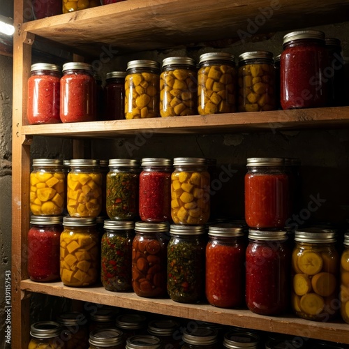 homemade preserves, food storage, home food storage in the basement, food in glass jars