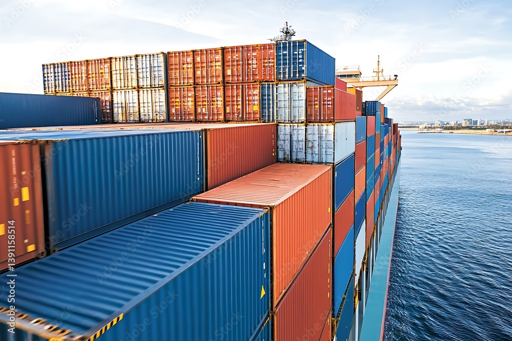 Fototapeta premium A large container ship filled with many shipping containers on water