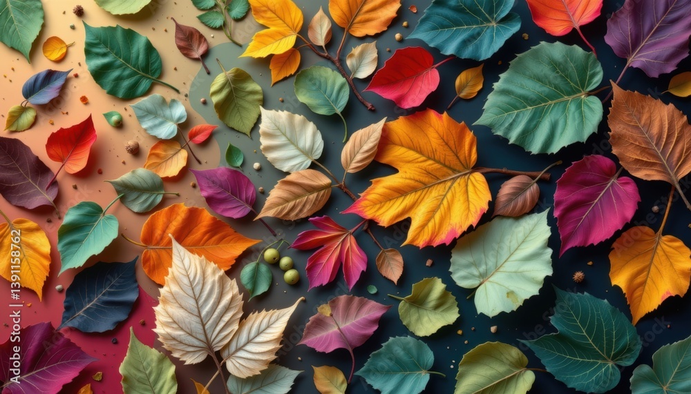 Fototapeta premium Abstract Leaf Patterns Create a dynamic abstract composition using various leaf shapes, colors, and textures, arranged in a flowing design.