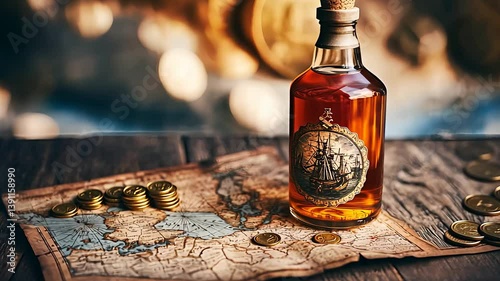 Antique Rum Bottle on Vintage Map with Gold Coins and Warm Ambient Lighting, Classic Treasure Concept


