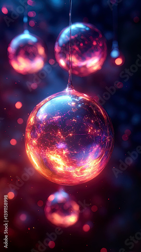 Quantum Field Textured Orbs with Glowing Neon Rings and Liquid Distortion in Minimalistic Abstract Design

