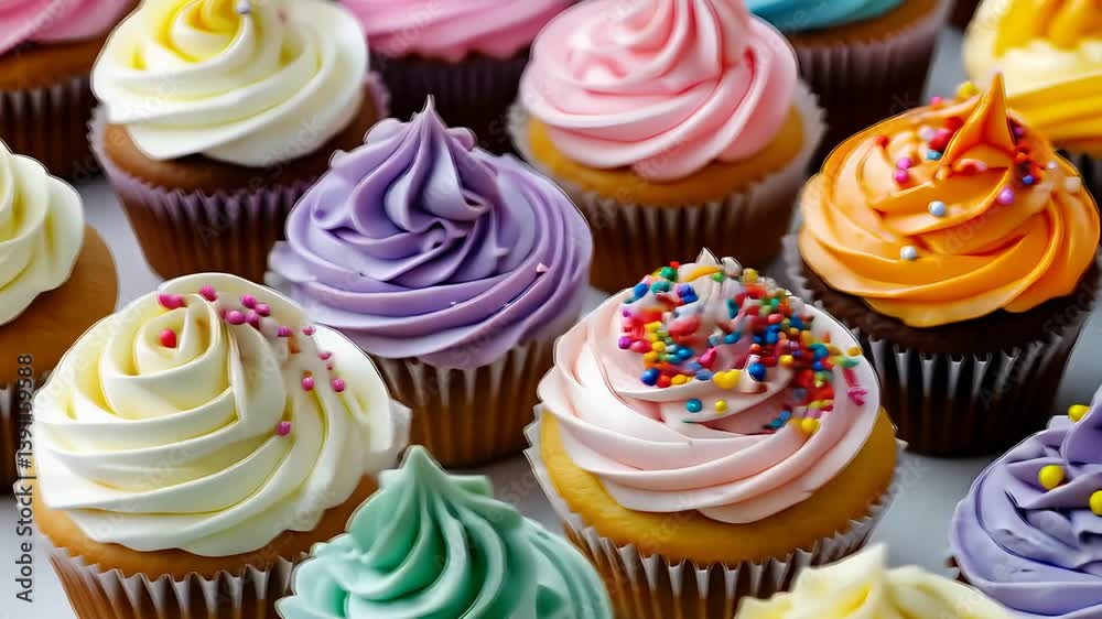 Colorful Cupcakes with Creamy Frosting and Sprinkles on Top
Colorful Cupcakes with Creamy Frosting and Sprinkles on Top