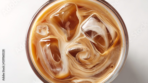 Glass of iced coffee with milk swirl on clean white background