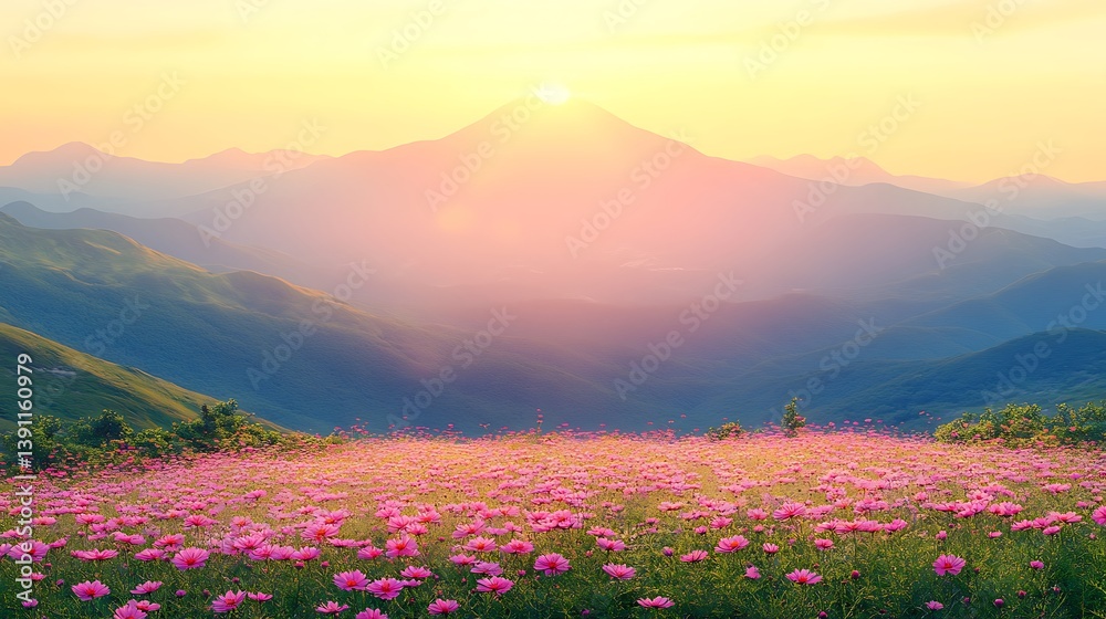 Fototapeta premium A stunning mountain sunset overlooking a field of pink flowers
