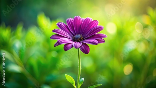 A Vibrant Purple Flower Blooming in a Lush Green Garden, Basking in the Warm Glow of Sunlight, Its Petals Unfurling in Gentle Breeze