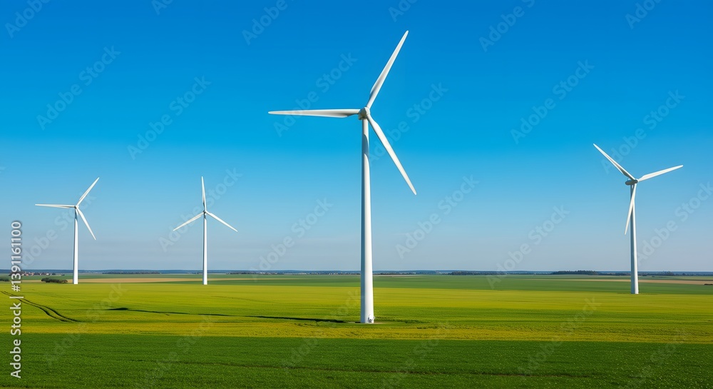 Fototapeta premium Wind Turbines on Green Field under Blue Sky Renewable Energy