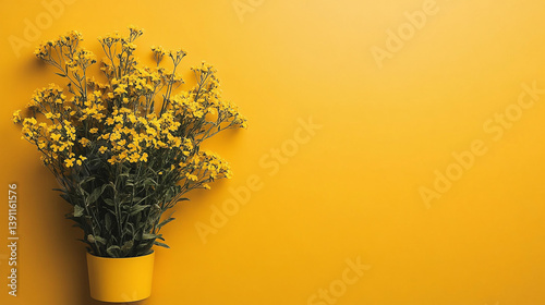 Yellow flowers in a yellow pot against a yellow background