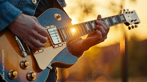 Expressive guitar playing at sunset, capturing soulful melodies and vibrant energy