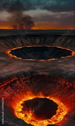 A close-up of Gas Crater, intense flames roaring from deep pit, molten red and yellow hues clashing with the dark desert sand, faint silhouettes of tourists in the distance, surreal and haunting