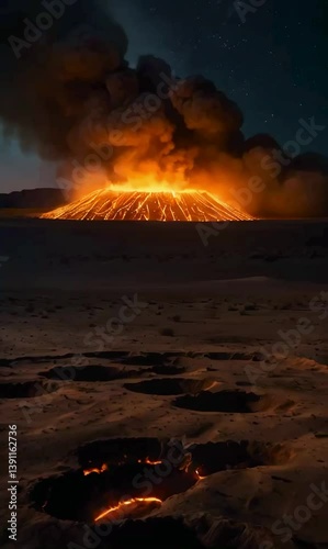 A massive, fiery crater glowing ominously in a barren desert at night, flames leaping from a jagged, thick smoke swirling into a starry sky