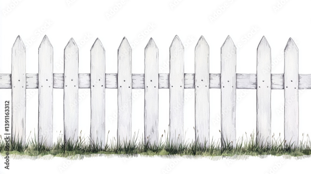 Fototapeta premium A simple white picket fence with grass at the base, representing a classic home garden aesthetic.