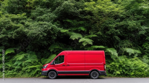 Red delivery van parked amidst lush green forest foliage
