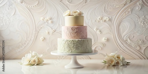 Elegant Three-Tiered Wedding Cake with Delicate Floral Decorations on a White Cake Stand Against an Intricate Ornate Background
