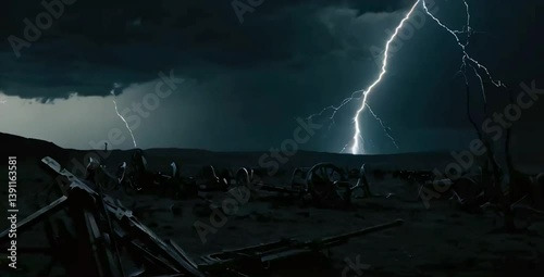 A dark, ominous void with a single bolt of lightning splitting the sky, illuminating a distant battlefield littered with broken chariots and spears, moody and foreboding