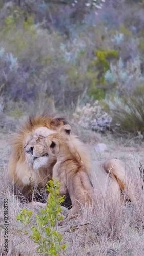 A baby lion playing with his father. Affection video of lion and his son.