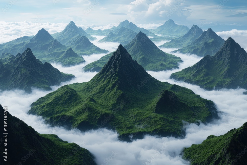 Fototapeta premium A breathtaking view of lush green mountains rising above a sea of clouds, showcasing rugged peaks under a clear blue sky.
