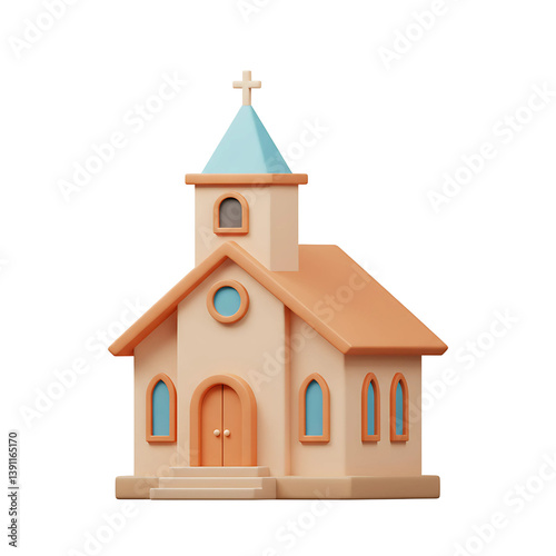 A Church Building, 3d rendering icon, isolated on white background, cartoon plastic style, Light brown