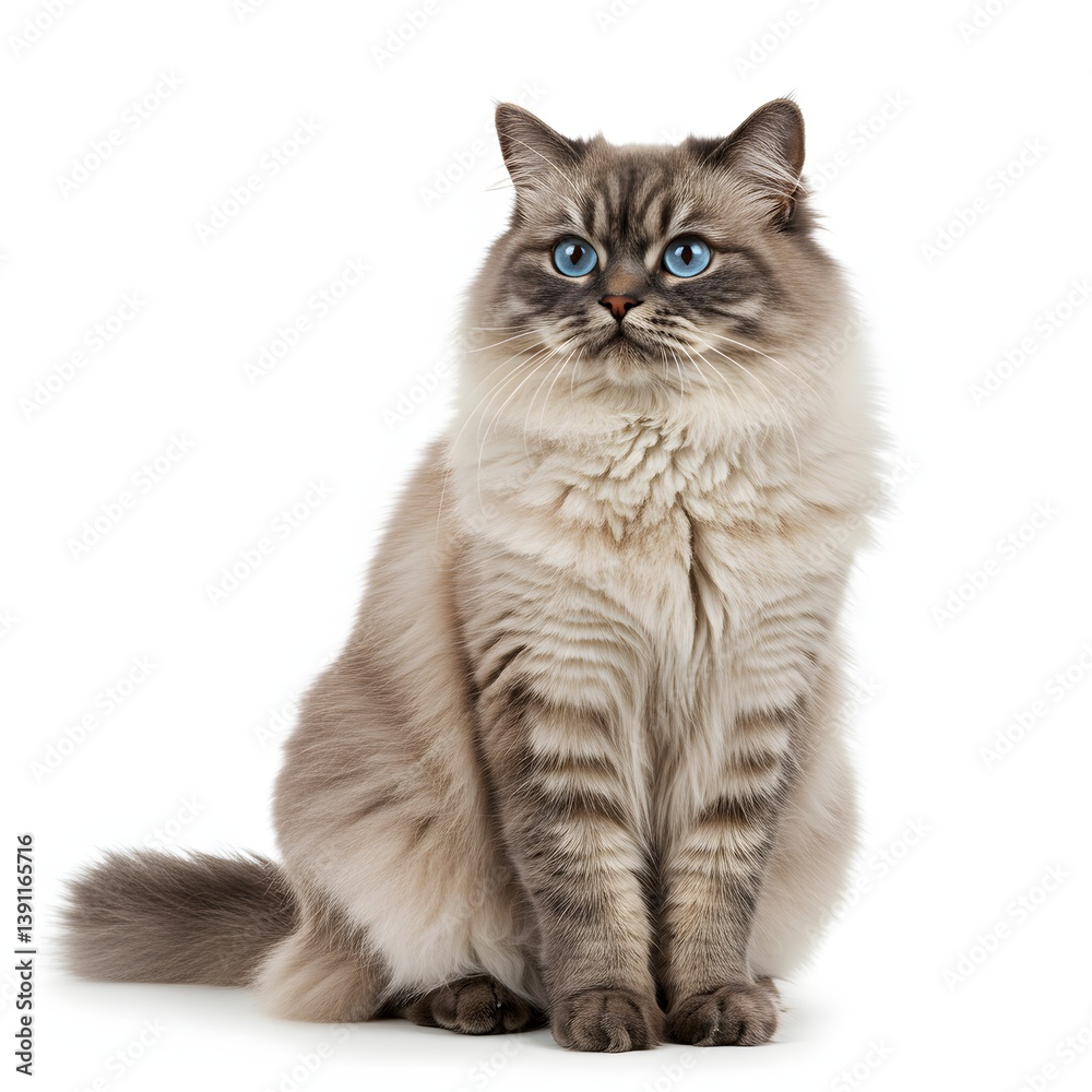 Obraz premium A fluffy Himalayan cat with piercing blue eyes, seated elegantly with its tail draped neatly beside it, gentle and calm demeanor, perfectly rendered fur and facial features.