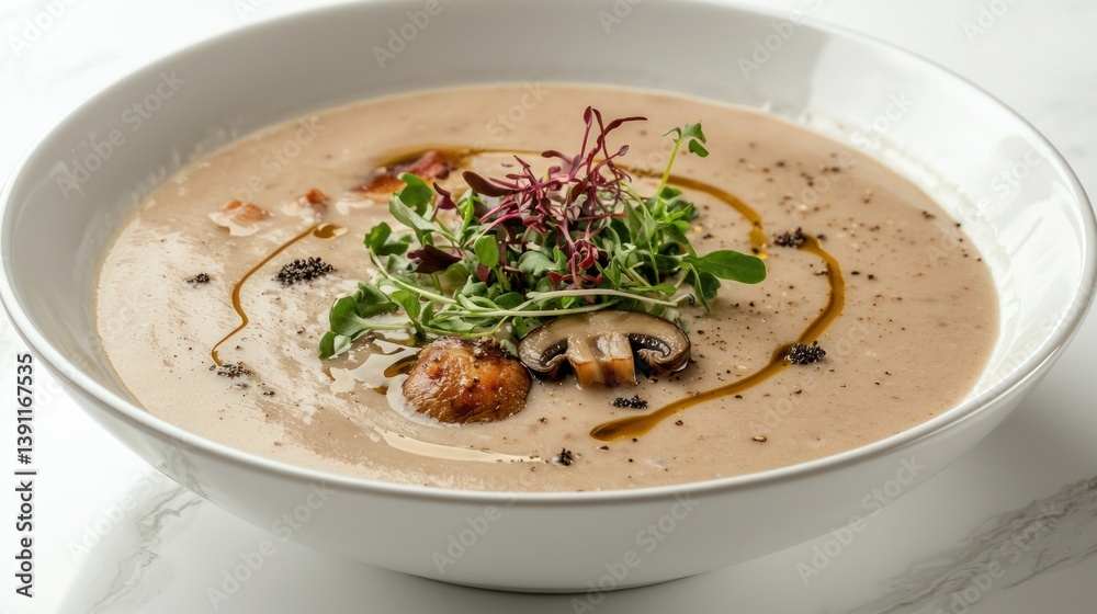 A luxurious creamy mushroom soup garnished with truffle oil and microgreens, served in a white porcelain bowl A luxurious creamy mushroom soup garnished with truffle oil and microgreens, served in a white porcelain bowl