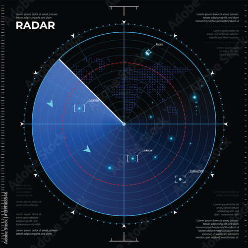 Military sonar or radar screen. HUD sonar display on black background.