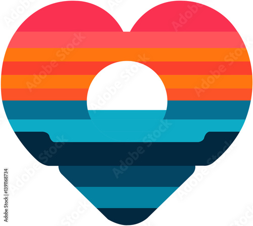 A colorful pictogram of a heart filled with a sunset over the ocean