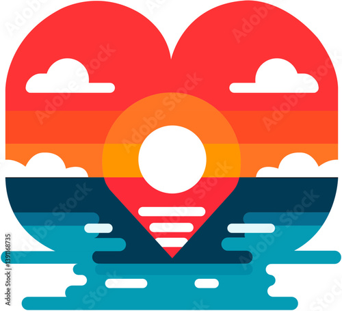 A colorful pictogram of a heart filled with a sunset over the ocean