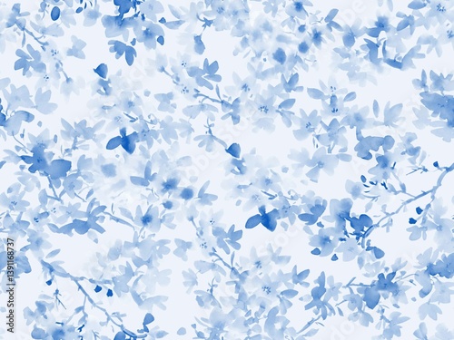 Seamless pattern of abstract indigo blue floral motifs painted in watercolor. Hand-drawn cherry blossom textile design for spring.