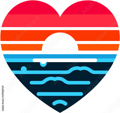 A colorful pictogram of a heart filled with a sunset over the ocean