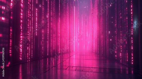 Glowing pink digital code lines in a futuristic corridor.
