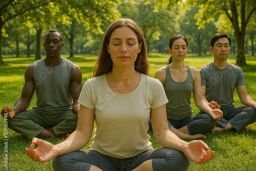 group of people meditating in the park