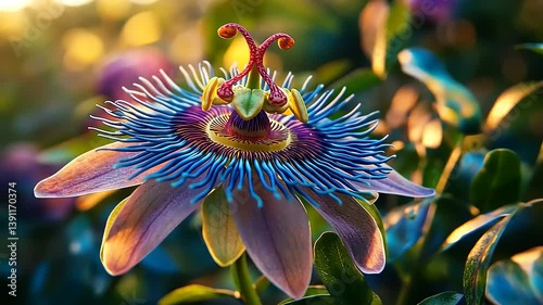 Close-up of a vibrant passion flower blooming in a lush garden at sunset, showcasing intricate details