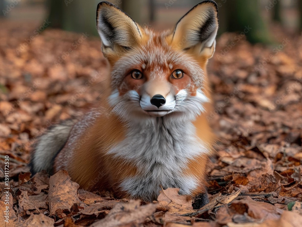 Fototapeta premium Red Fox Among Autumn Leaves: Wildlife Beauty in Forest Habitat