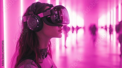 Woman wearing VR headset in pink neon light.