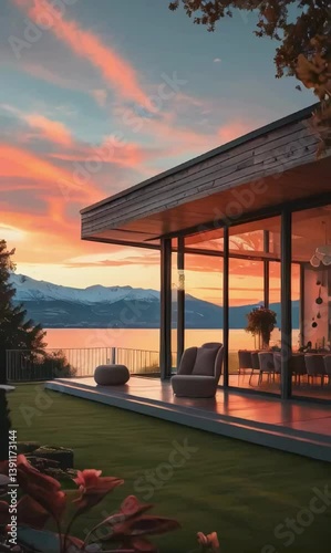 Modern home frames a vibrant sunset over a serene lake, blending architecture with natural beauty.