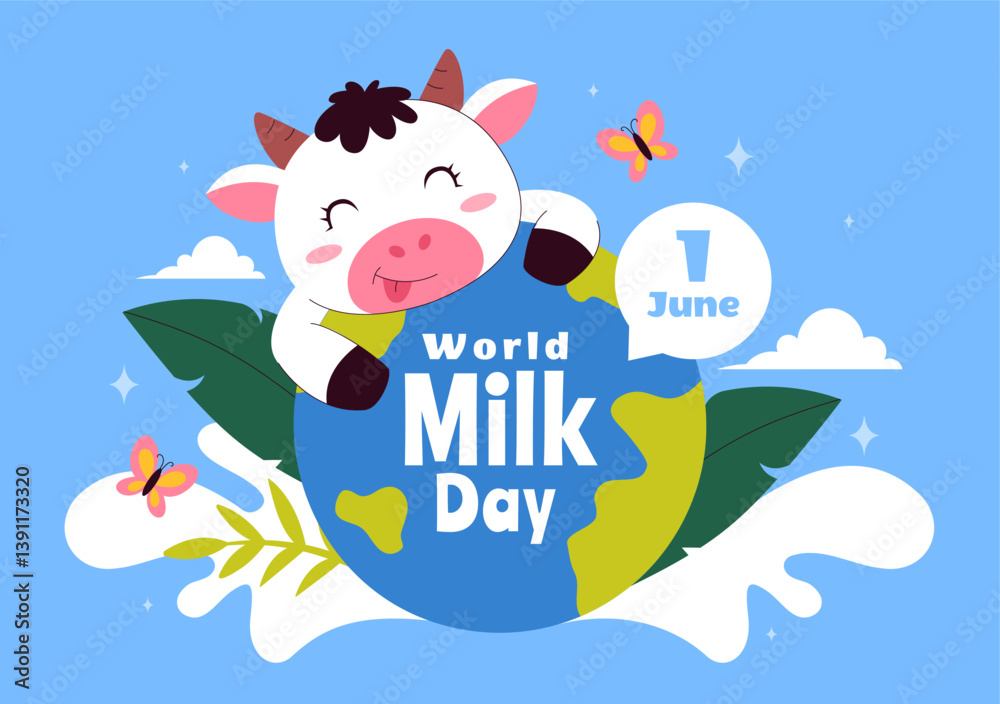 Fototapeta premium World Milk Day Vector Illustration with Milk Bottle and Cute Cow Celebrating Dairy on June 1 in flat Style Cartoon Background