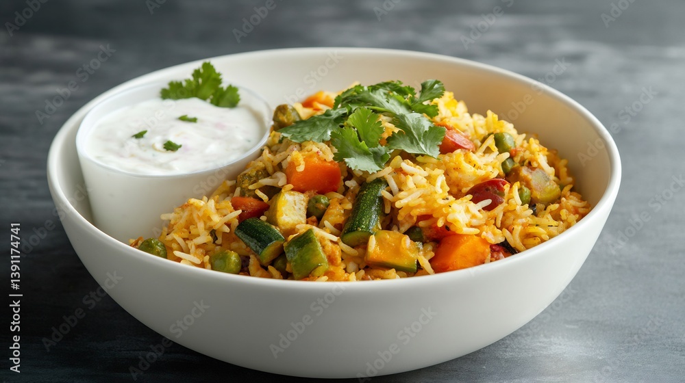 Clean display of vegetable biryani in a white bowl with a small side of raita Clean display of vegetable biryani in a white bowl with a small side of raita
