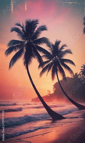 A breathtakingly vibrant a majestic twin palm tree silhouette, starkly contrasted against a warm, hazy vintage sunset scene on a tranquil beach, with gentle waves rolling in and a misty atmosphere