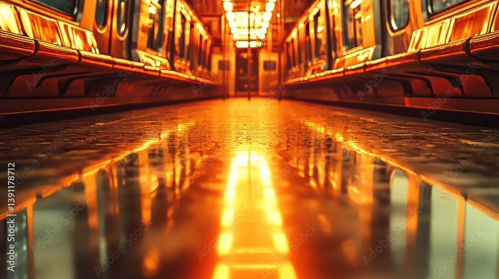 Fototapeta premium Subway train interior, reflecting lights on wet floor.