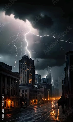 gloomy city with lightning and fire dark black