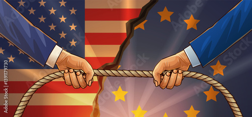 Trade war USA EU tug of war concept with hands pulling rope against American and European flags background symbolizing tariffs conflict